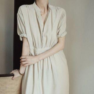 Round-neck Plain Button-up A-line Dress