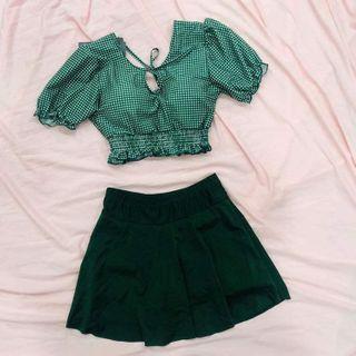 Set: Plaid Short-sleeve Tankini Top + Swim Skirt