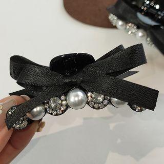 Faux Pearl Rhinestone Bow Hair Claw Black - One Size