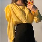 Plain Lantern-sleeve Blouse / Irregular Hem Mini Skirt