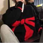 Printed V-neck Sweater Ribbon - Red - One Size