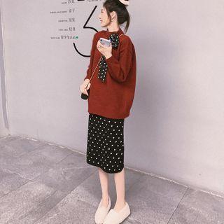 Set: Bow-neck Sweater + Dotted Midi Straight-fit Skirt