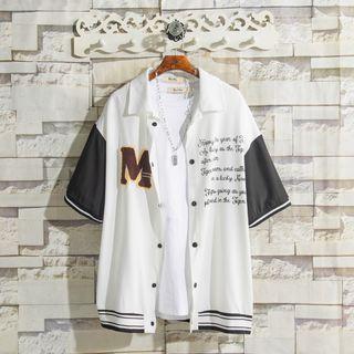 Elbow-sleeve Lettering Two-tone Shirt