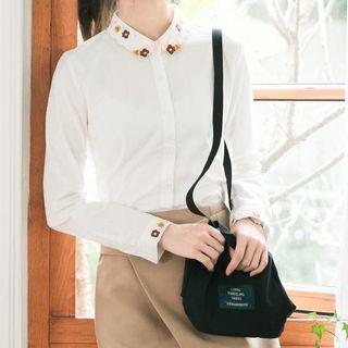 Long Sleeve Embroidered Trim Blouse