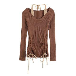 Halter-neck Drawstring Knit Top