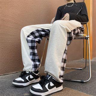 Plaid Panel Drawstring-cuff Jogger Pants