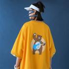 Mock Two Piece Elbow-sleeve Bear Printed T-shirt