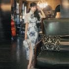 Short-sleeve Lace Split Midi Qipao Dress