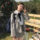 Tie-neck Short / Double-breasted Plaid Blazer / Mini A-line Pleated Skirt / Set