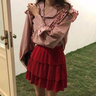 Dotted Ruffle Trim Blouse / High Waist A-line Skirt