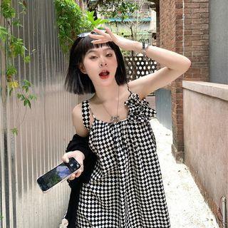 Spaghetti Strap Checkerboard Maxi A-line Dress / Cardigan