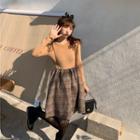 Long-sleeve Plain T-shirt / Plaid Suspender Midi A-line Skirt