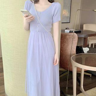V-neck Mesh Panel A-line Dress