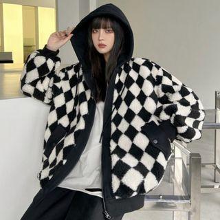Diamond Pattern Hooded Zip Fleece Jacket