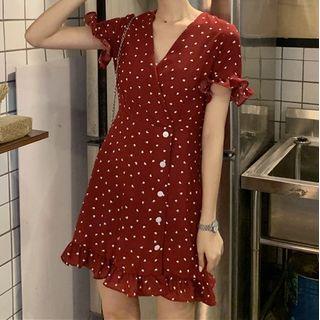 Heart Short-sleeve A-line Dress Red - One Size