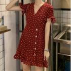 Heart Short-sleeve A-line Dress Red - One Size