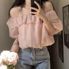 Puff-sleeve Off-shoulder Plain Blouse Pink - One Size
