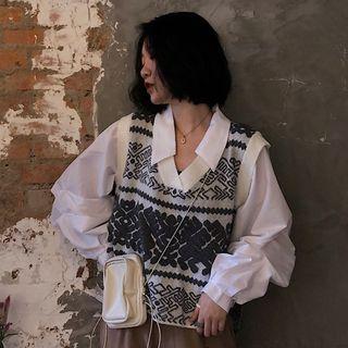Mock Two-piece Patterned Knit Panel Shirt