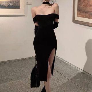 Off-shoulder Open-back Midi Sheath Dress