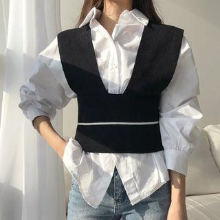 Set: Balloon-sleeve Shirt + Sleeveless Cropped Knit Top