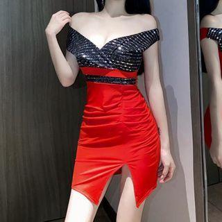 V-neck Sequined Panel Mini Bodycon Dress