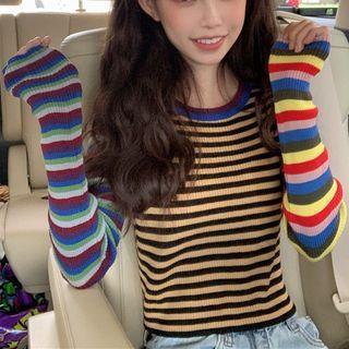 Striped Long Sleeve Crop Top As Shown In Figure - One Size