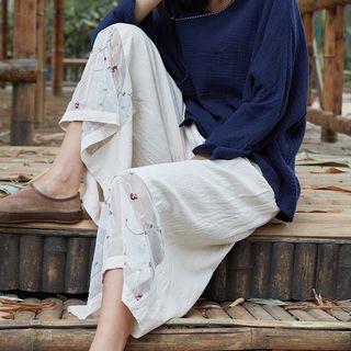Flower Embroidered Mesh Panel Wide Leg Pants