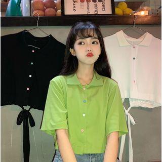 Tie Back Elbow-sleeve Collared T-shirt