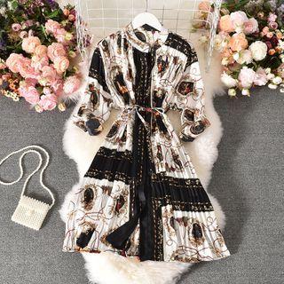 Long-sleeve Printed A-line Dress White - One Size