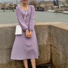 Square-neck Long-sleeve Midi A-line Dress Purple - One Size