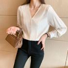 Long-sleeve Button-accent V-neck Blouse