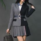 Set: Color Block Button Blazer + Mini Pleated Skirt