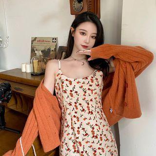 Spaghetti Strap Floral Print Midi Dress / Plain Cardigan