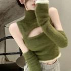 Turtleneck Cutout Knit Crop Tank Top With Arm Sleeves Green - One Size