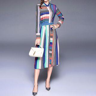 Striped Long-sleeve Midi Chiffon Dress
