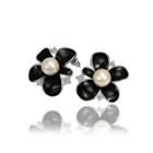 Fashion Elegant Black Flower Pearl Stud Earrings With Cubic Zircon Silver - One Size