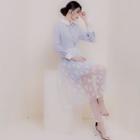 Set: Long-sleeve Mini Shirt Dress + Floral Mesh A-line Midi Skirt
