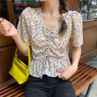 Short-sleeve Floral Print Drawstring Top