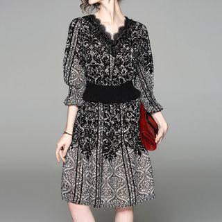 V-neck 3/4-sleeve Lace Panel Dress
