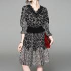 V-neck 3/4-sleeve Lace Panel Dress