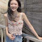 Floral Embroidered Knit Crop Tank Top Pink - One Size