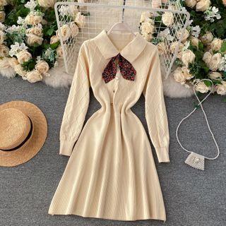 Lapel Print Bow Plaid Knit Dress
