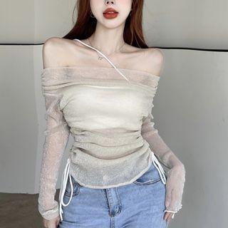 Set: Long-sleeve Off-shoulder Mesh Top + Camisole Top