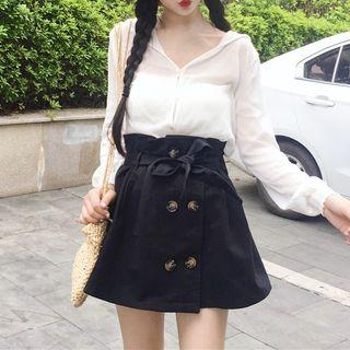 Set: Long Sleeve Sheer Hooded Cover-up + High Waist Paperbag Buttoned Skirt