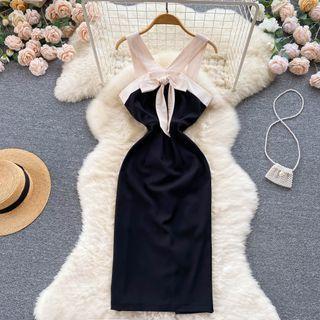 Suspender Color Block Bow Slit Dress