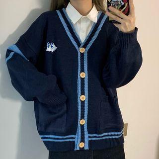 Bow Embroidered Contrast Trim Cardigan Dark Blue - One Size