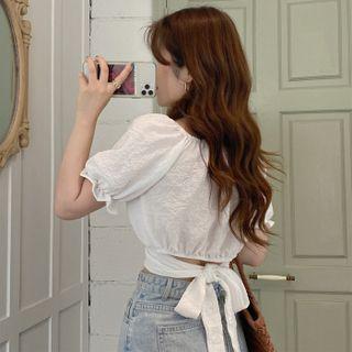 Puff Sleeve Crinkled Bow Back Blouse
