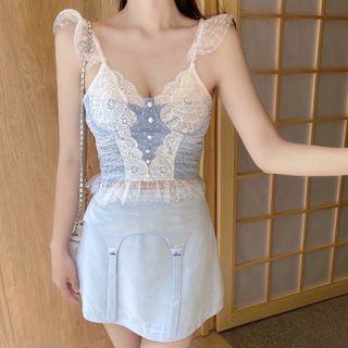 Dotted Lace Trim Camisole Top / Buckled Pencil Skirt