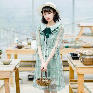 Set: Check Short-sleeve A-line Dress + Peter Pan Collar Sleeveless A-line Dress