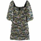 Floral Print Elbow-sleeve Ruched Mini Sheath Dress